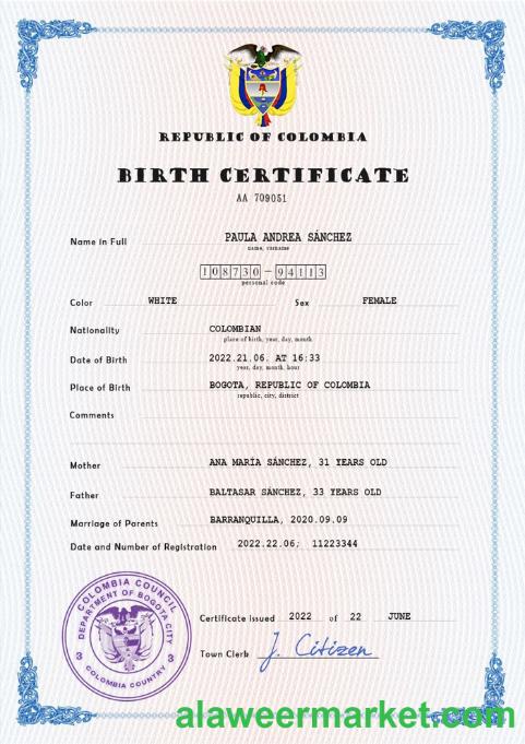 Colombia birth certificate PSD template